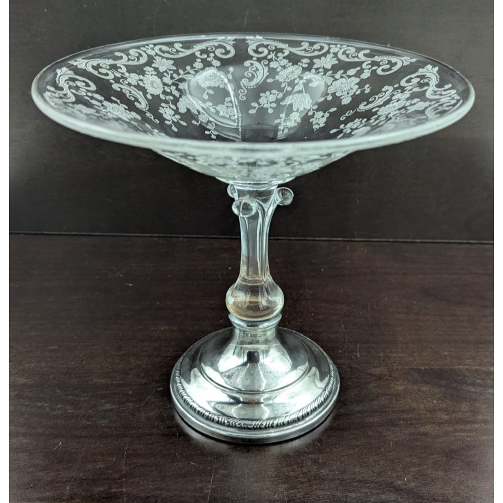 Cambridge Chantilly Compote Bowl Floral Etched Glass Sterling Silver Base 6-1/4"